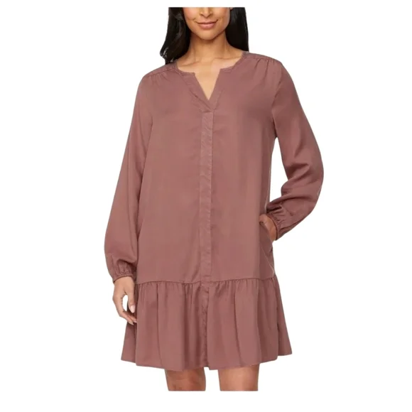 Buffalo David Bitton Mocha Brown Boho Peasant Mini Dress Pockets NWT - Picture 3 of 13